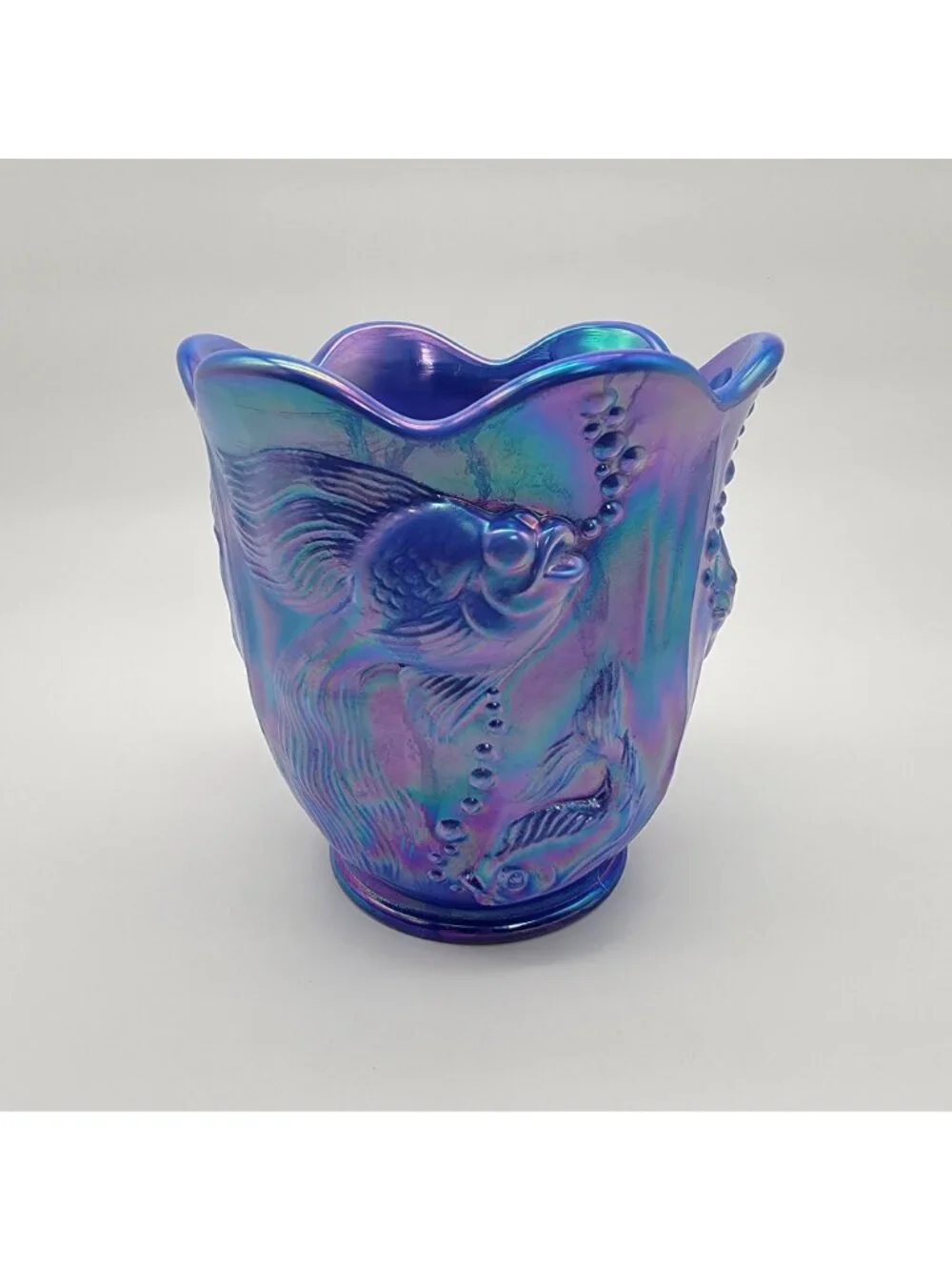 Fenton Glass 2004 Atlantis Periwinkle Iridescent Blue Fish Vase